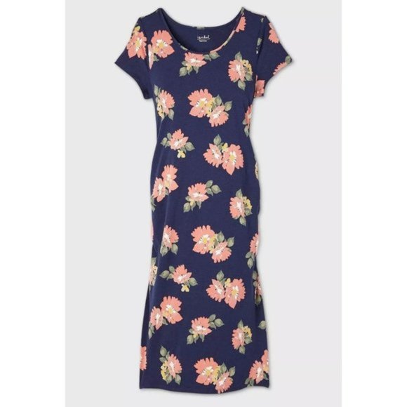 Isabel Maternity T-Shirt Dress, Cotton Blend, Navy Floral, Stretchy Size S, M - Picture 1 of 3